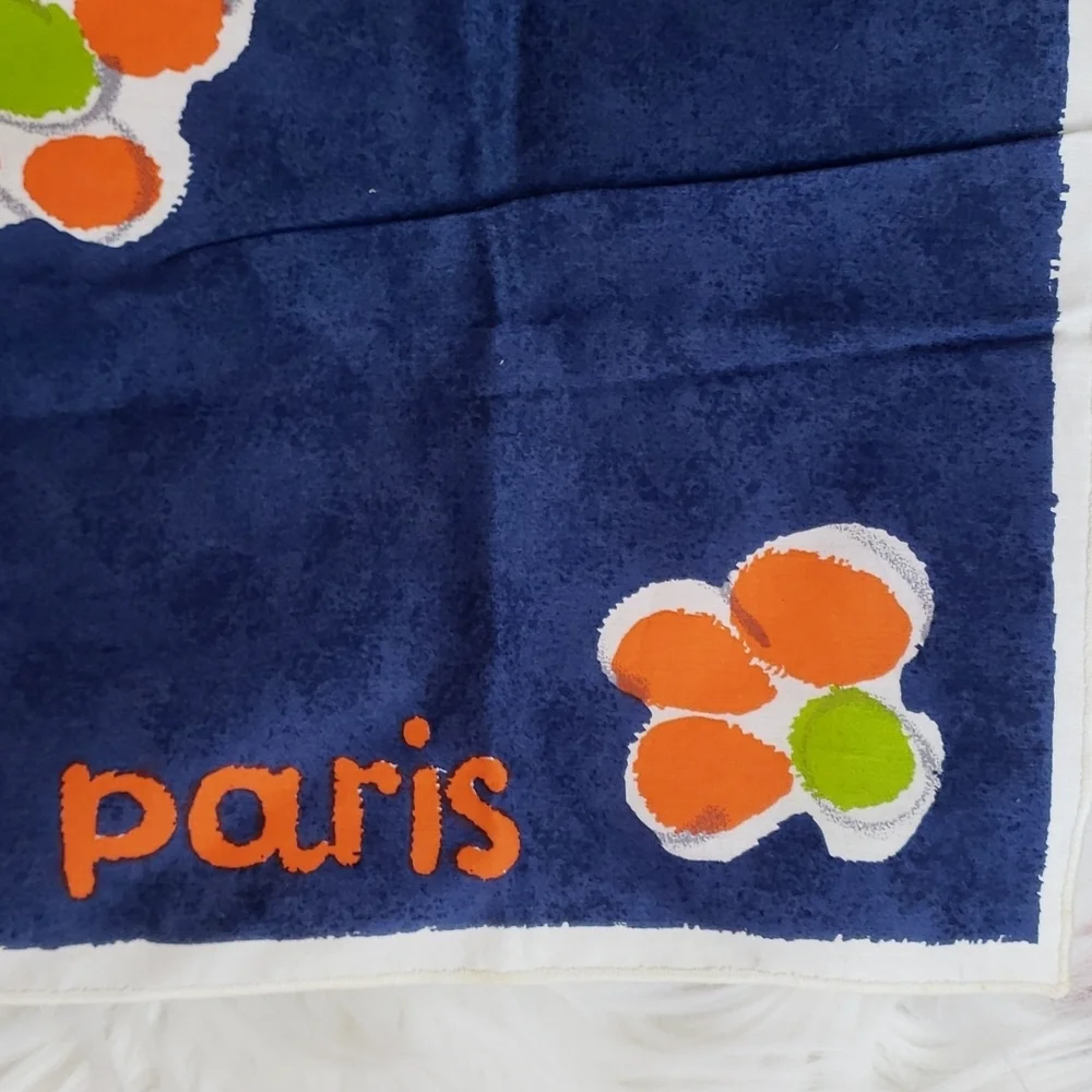 Vintage Retro Paris / courèges print Navy with Orange flowers Square scarf